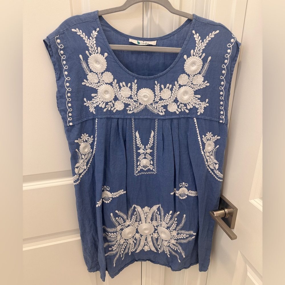bindu | Embroidered Linen Dress - blue and white